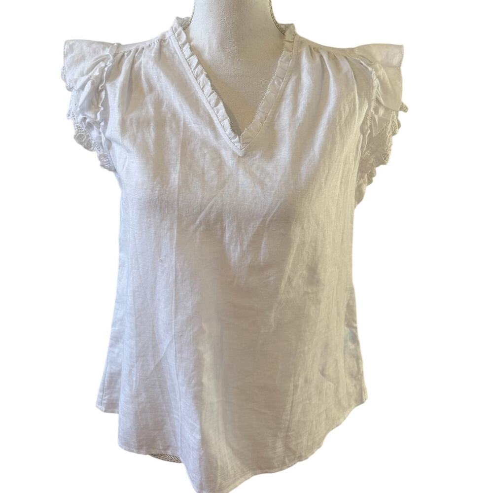 J McLaughlin Linen Blend Flutter Cap sleeve Top White S